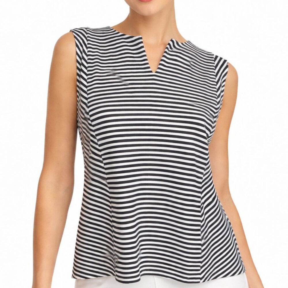 Talbots Striped Sleeveless Top L Black White Stretch Knit Tunic V Neck Coastal